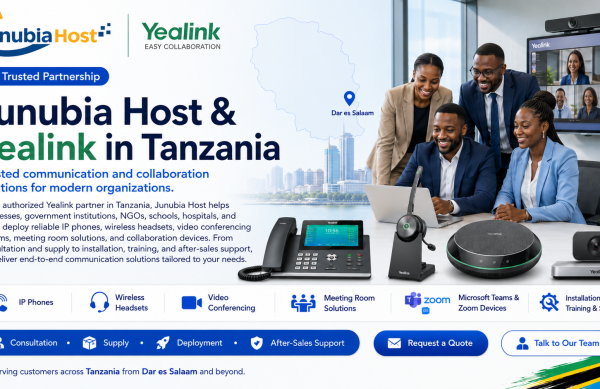 Yealink in Tanzania Banner promoting Junubia Host & Yealink in Tanzania with a diverse business team and communication devices, plus a map outline of Tanzania in the background.