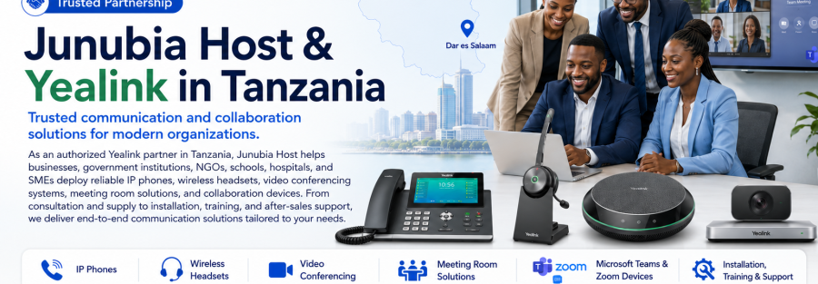 Banner promoting Junubia Host & Yealink in Tanzania with a diverse business team and communication devices, plus a map outline of Tanzania in the background.