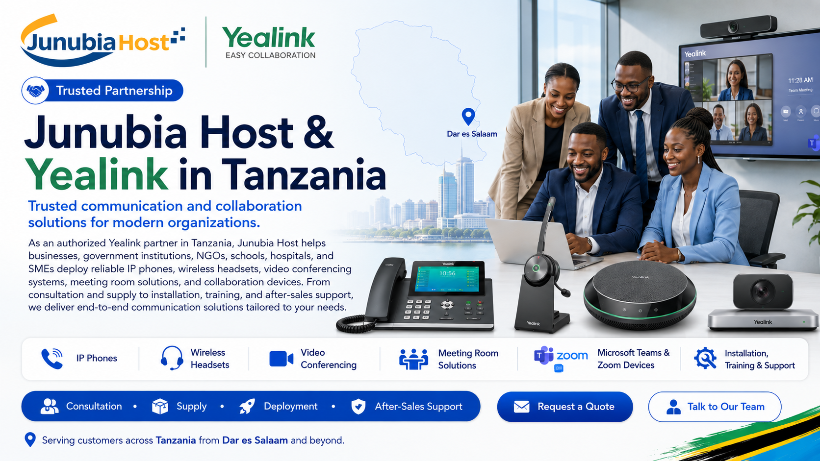 Banner promoting Junubia Host & Yealink in Tanzania with a diverse business team and communication devices, plus a map outline of Tanzania in the background.