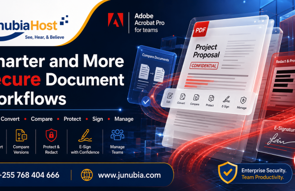 Marketing hero banner showcasing JunubiaHost and Adobe Acrobat Pro for teams with the headline 'Smarter and More Secure Document Workflows' and icons for Edit, Convert, Compare, Protect, Sign, Manage.