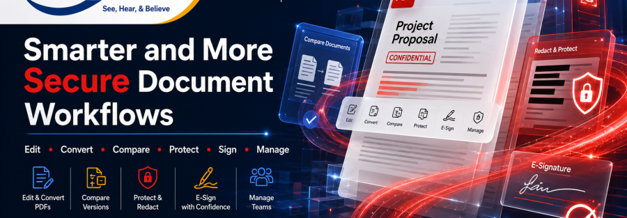 Marketing hero banner showcasing JunubiaHost and Adobe Acrobat Pro for teams with the headline 'Smarter and More Secure Document Workflows' and icons for Edit, Convert, Compare, Protect, Sign, Manage.