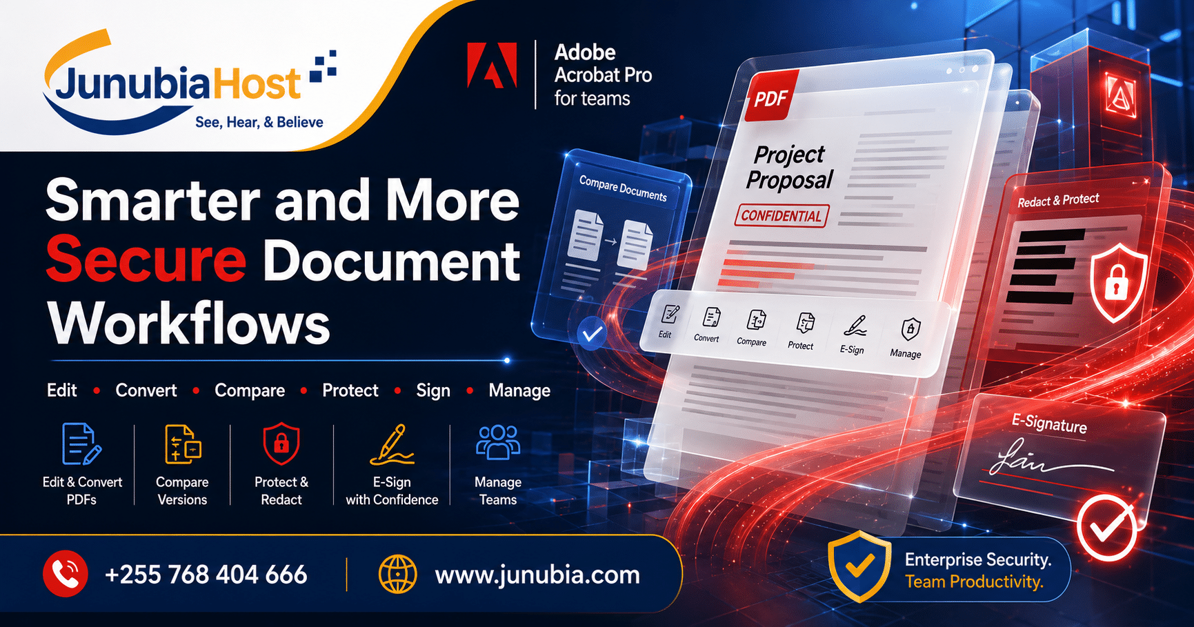Marketing hero banner showcasing JunubiaHost and Adobe Acrobat Pro for teams with the headline 'Smarter and More Secure Document Workflows' and icons for Edit, Convert, Compare, Protect, Sign, Manage.