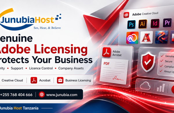 Promotional banner for JunubiaHost: Genuine Adobe Licensing to protect your business with security and licensing icons.