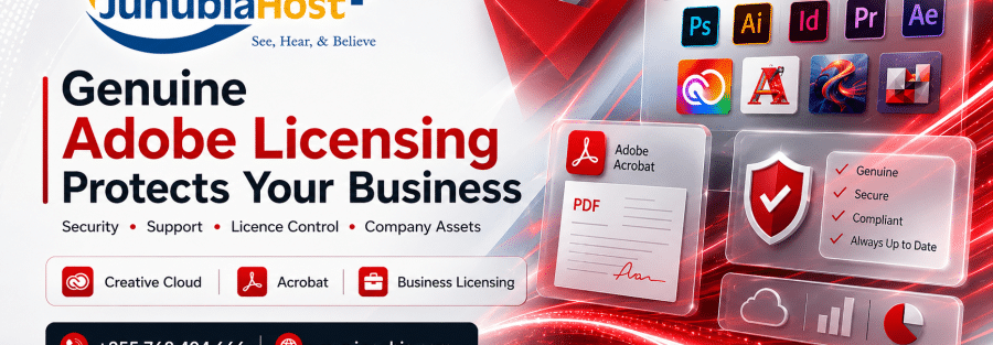 Promotional banner for JunubiaHost: Genuine Adobe Licensing to protect your business with security and licensing icons.