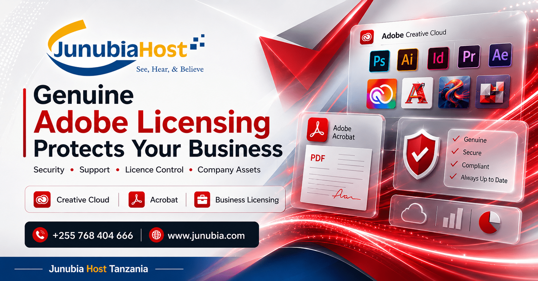 Promotional banner for JunubiaHost: Genuine Adobe Licensing to protect your business with security and licensing icons.