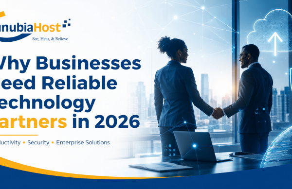 Junubia Host Trusted ICT partner JunubiaHost banner: headline about reliable technology partners and the logo on the left with a handshake in a modern office backdrop.