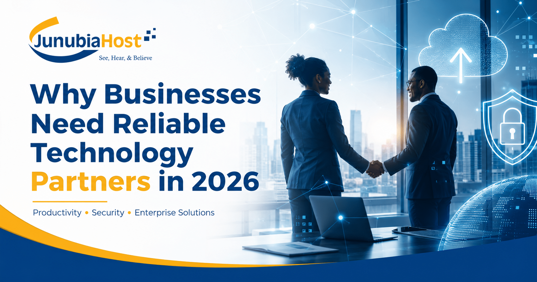 JunubiaHost banner: headline about reliable technology partners and the logo on the left with a handshake in a modern office backdrop.