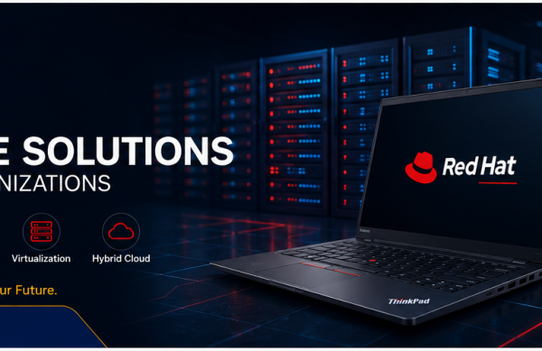 JunubiaHost banner promoting Red Hat Enterprise Solutions for modern organizations; laptop displays Red Hat logo against a data center backdrop.