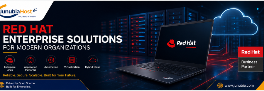 JunubiaHost banner promoting Red Hat Enterprise Solutions for modern organizations; laptop displays Red Hat logo against a data center backdrop.