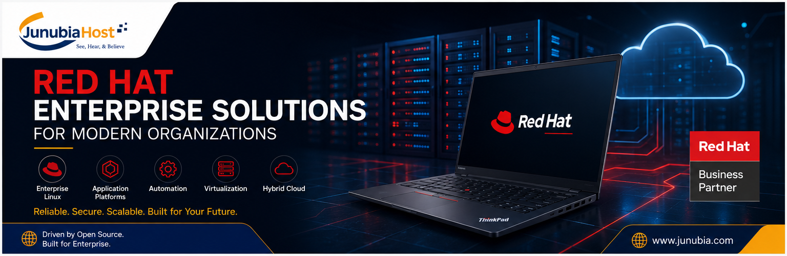 JunubiaHost banner promoting Red Hat Enterprise Solutions for modern organizations; laptop displays Red Hat logo against a data center backdrop.