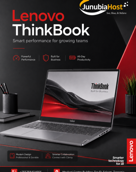 Lenovo ThinkBook hero ad with JunubiaHost logo, tagline 'Smart performance for growing teams', and a silver laptop on a dark desk.