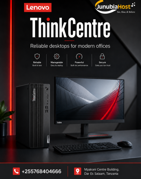 ThinkCentre desk setup featuring a black Lenovo tower, widescreen monitor, keyboard, and mouse with red accents and contact info at the bottom.