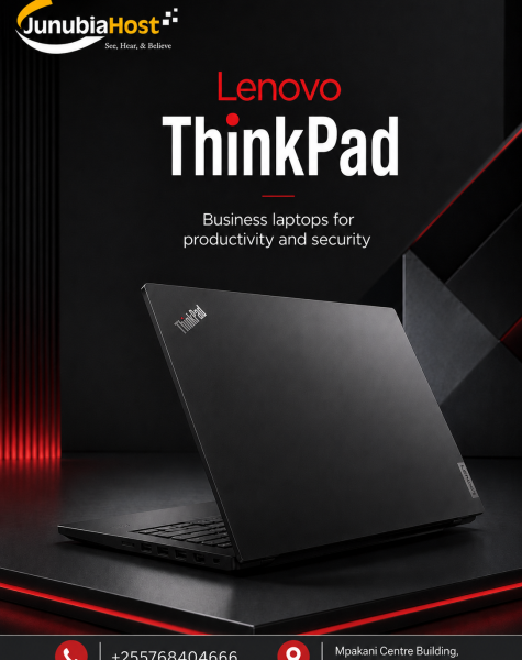 Lenovo ThinkPad advertisement with a tilted black laptop on a dark stage and JunubiaHost logo; tagline reads 'Business laptops for productivity and security'. (informative)