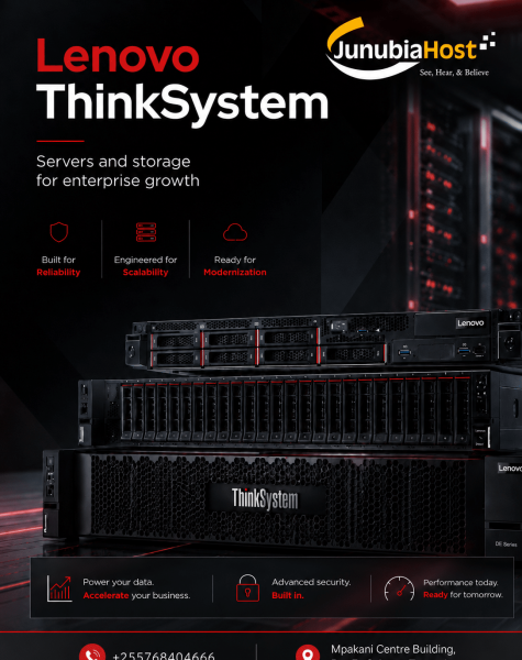 Marketing poster showing Lenovo ThinkSystem servers with the JunubiaHost logo, conveying enterprise data storage and reliability for growth
