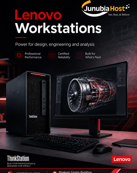 Lenovo ThinkStation workstation ad showing a desktop tower, large monitor with a 3D engine rendering, and Lenovo branding.0A