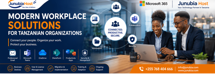 Banner promoting modern workplace solutions for Tanzanian organizations, with JunubiaHost and Microsoft 365 logos and professionals at a laptop.
