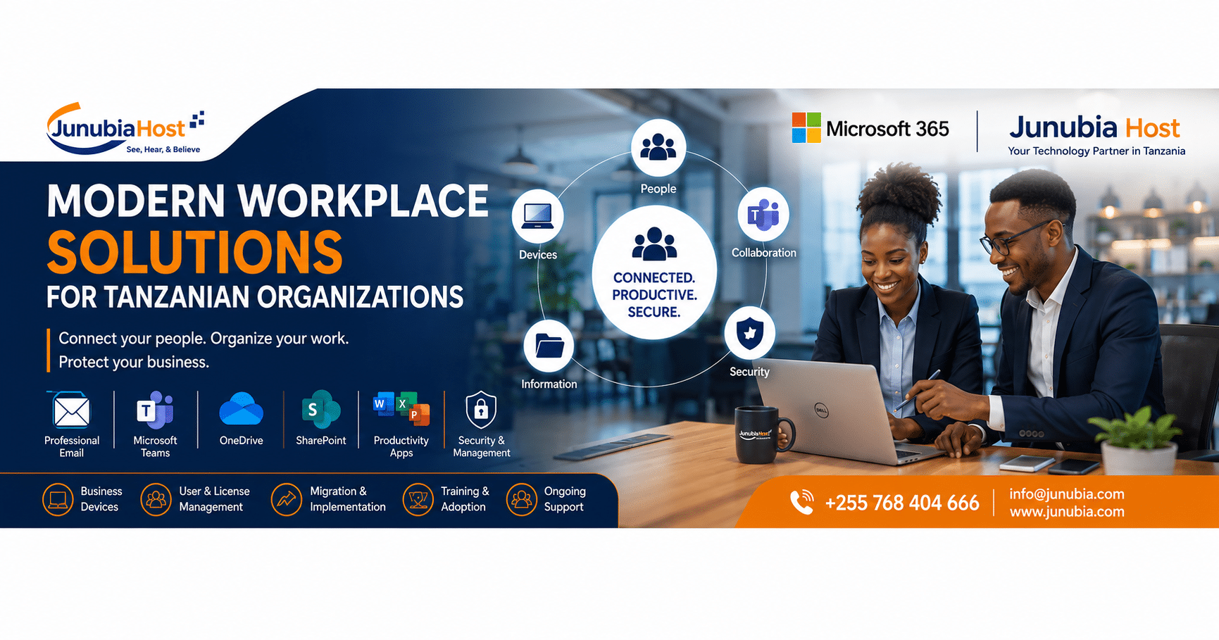 Banner promoting modern workplace solutions for Tanzanian organizations, with JunubiaHost and Microsoft 365 logos and professionals at a laptop.
