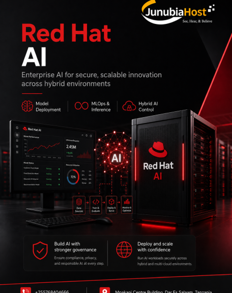 Red Hat AI ad by JunibiaHost showing a server rack and a workstation screen, announcing enterprise AI for secure, scalable innovation across hybrid environments.