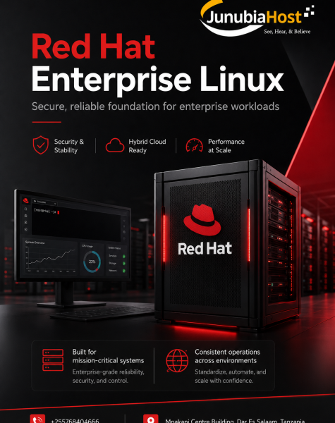 Promotional poster for Red Hat Enterprise Linux with a server rack and monitoring screen, featuring JunibiaHost branding and the tagline about secure enterprise workloads.