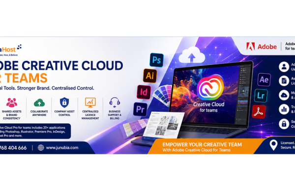 Adobe Creative Cloud for Teams banner with a laptop displaying the Creative Cloud logo and app icons on a purple gradient background.