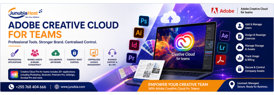 Adobe Creative Cloud for Teams banner with a laptop displaying the Creative Cloud logo and app icons on a purple gradient background.