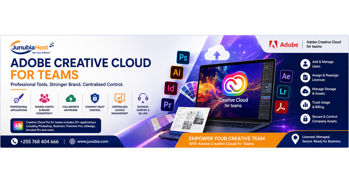 Adobe Creative Cloud for Teams banner with a laptop displaying the Creative Cloud logo and app icons on a purple gradient background.
