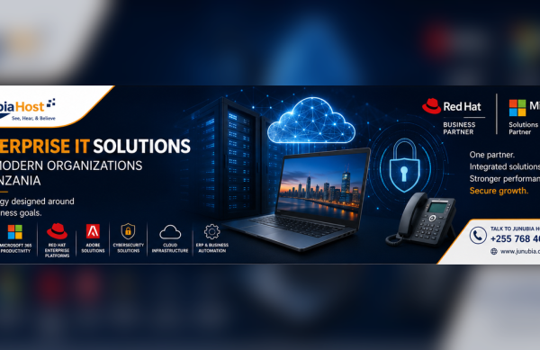 Banner advertising Enterprise IT Solutions for modern organizations in Tanzania, featuring logos from JunubiaHost, Red Hat, and Microsoft with a laptop and cloud imagery in a dark blue theme.