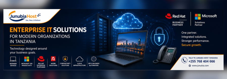 Banner advertising Enterprise IT Solutions for modern organizations in Tanzania, featuring logos from JunubiaHost, Red Hat, and Microsoft with a laptop and cloud imagery in a dark blue theme.