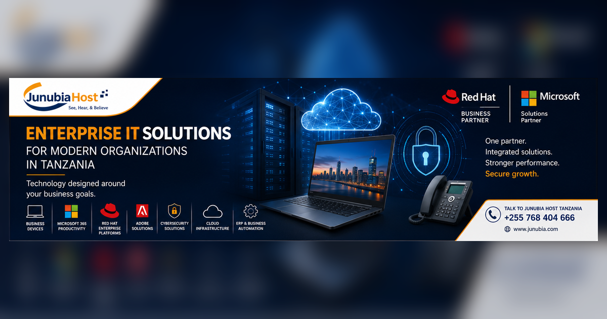 Banner advertising Enterprise IT Solutions for modern organizations in Tanzania, featuring logos from JunubiaHost, Red Hat, and Microsoft with a laptop and cloud imagery in a dark blue theme.