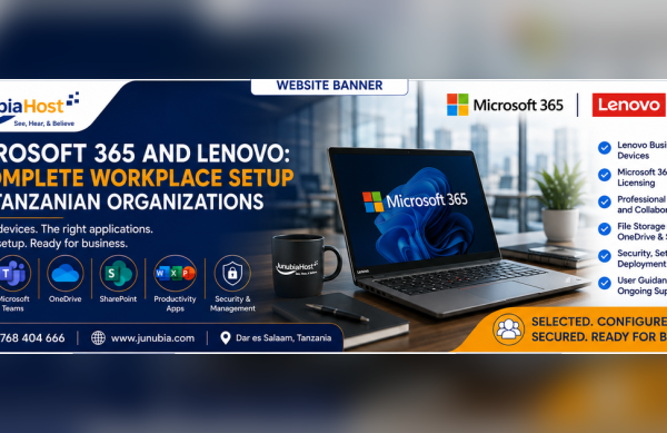 Banner promoting Microsoft 365 and Lenovo complete workplace setup for Tanzanian organizations, featuring a laptop and service icons.