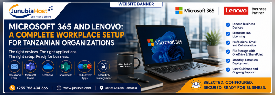 Banner promoting Microsoft 365 and Lenovo complete workplace setup for Tanzanian organizations, featuring a laptop and service icons.