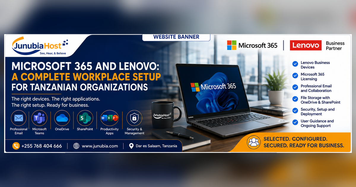 Banner promoting Microsoft 365 and Lenovo complete workplace setup for Tanzanian organizations, featuring a laptop and service icons.