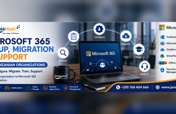 Banner advertising JunubiaHost Microsoft 365 setup, migration and support for Tanzanian organizations, featuring a laptop, logo, and service icons.