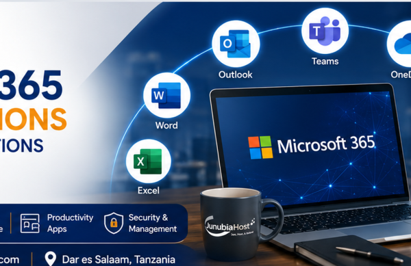 Website_Graphic_Microsoft_365_Business_Solutions Promotional banner for Microsoft 365 with Word, Excel, Outlook, Teams and OneDrive icons surrounding a laptop displaying Microsoft 365. JunubiaHost mug visible in foreground.