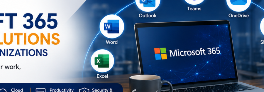 Promotional banner for Microsoft 365 with Word, Excel, Outlook, Teams and OneDrive icons surrounding a laptop displaying Microsoft 365. JunubiaHost mug visible in foreground.
