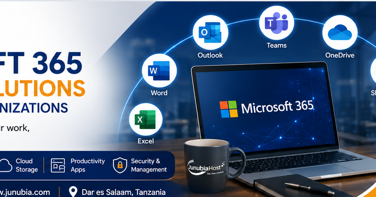 Promotional banner for Microsoft 365 with Word, Excel, Outlook, Teams and OneDrive icons surrounding a laptop displaying Microsoft 365. JunubiaHost mug visible in foreground.
