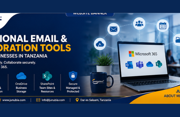 Website_Graphic_Professional_Email_Collaboration Banner promoting Microsoft 365 professional email and collaboration tools for Tanzanian businesses, with tool icons and contact details.