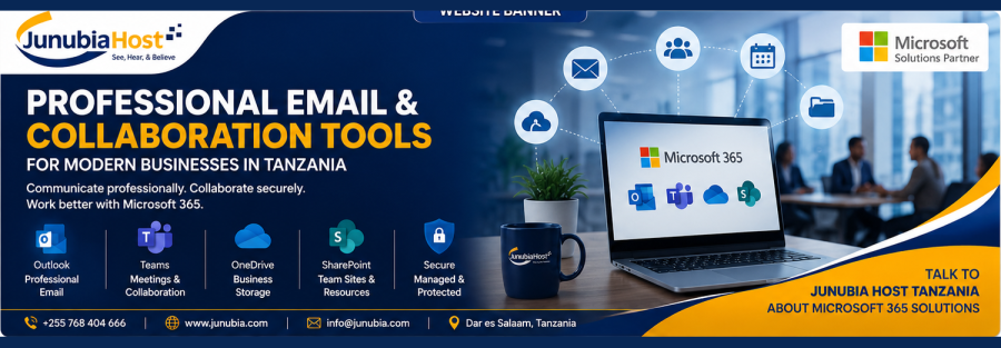 Banner promoting Microsoft 365 professional email and collaboration tools for Tanzanian businesses, with tool icons and contact details.
