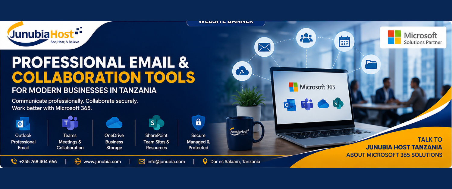 Banner promoting Microsoft 365 professional email and collaboration tools for Tanzanian businesses, with tool icons and contact details.
