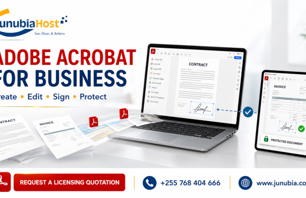 ADOBE ACROBAT FOR BUSINESS promotional banner with laptops displaying contracts and invoices by Junubia Host logo and contact info