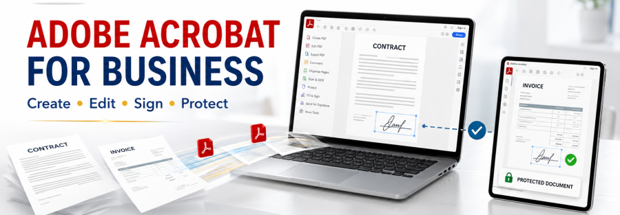 ADOBE ACROBAT FOR BUSINESS promotional banner with laptops displaying contracts and invoices by Junubia Host logo and contact info