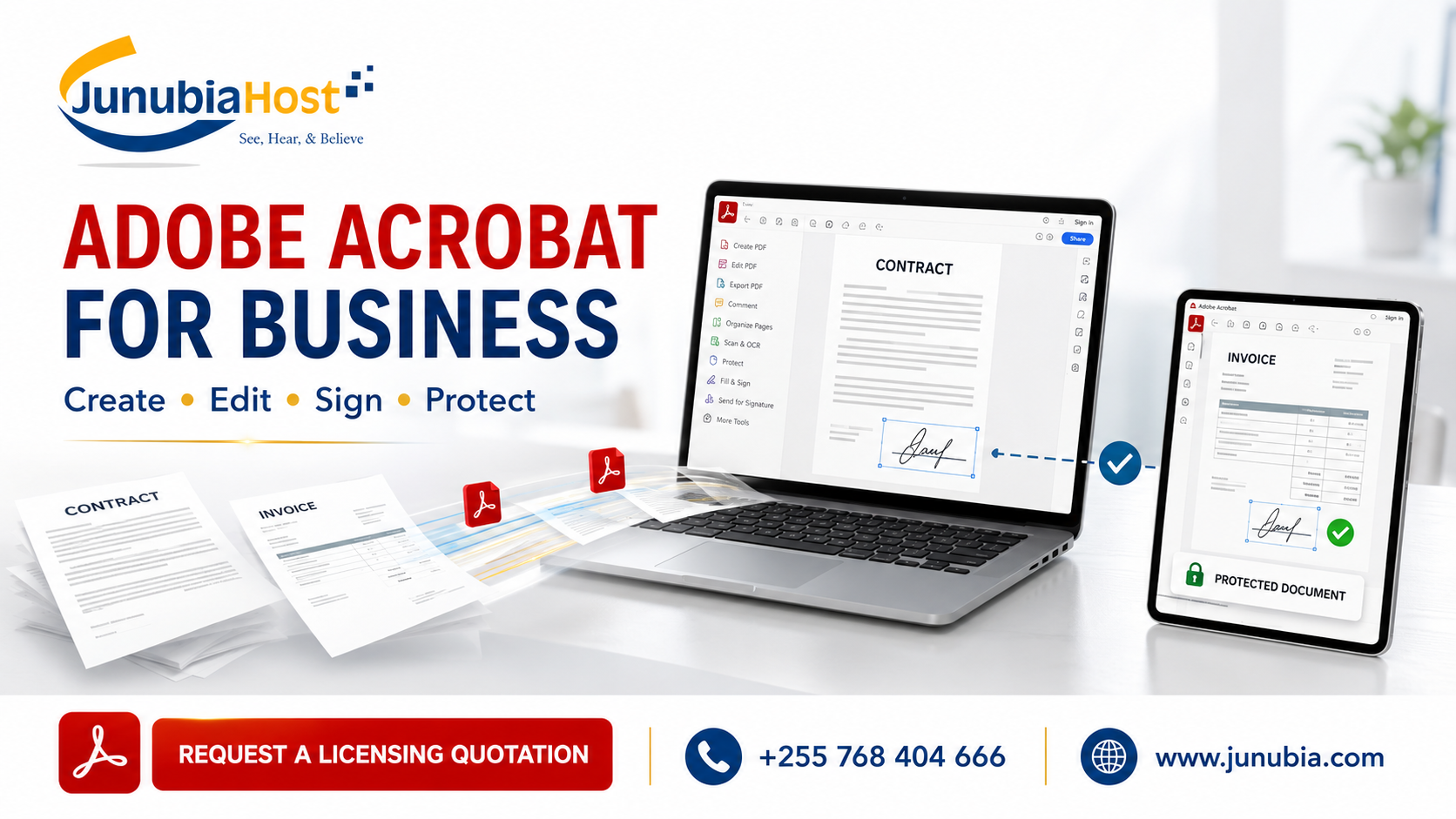 ADOBE ACROBAT FOR BUSINESS promotional banner with laptops displaying contracts and invoices by Junubia Host logo and contact info