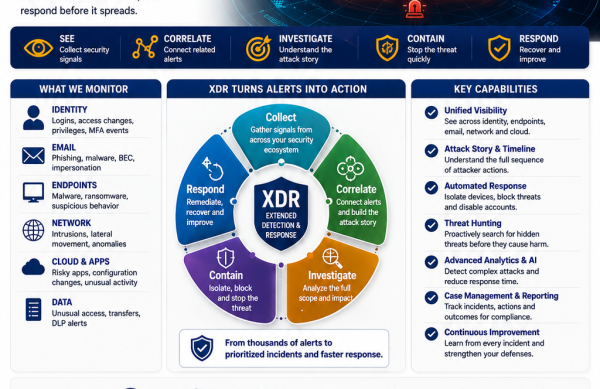 Cybersecurity Alerts Into Action 1 Cybersecurity infographic by Junubia Host Tanzania showing alert timeline, XDR actions, and key security capabilities.