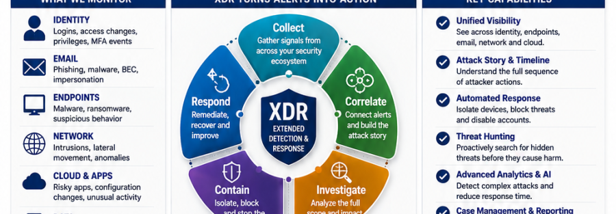 Cybersecurity infographic by Junubia Host Tanzania showing alert timeline, XDR actions, and key security capabilities.
