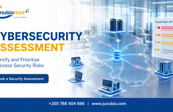 JunubiaHost cybersecurity banner highlighting the assessment service and a 'Book a Security Assessment' button in a modern office setting.