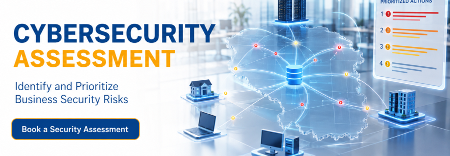 JunubiaHost cybersecurity banner highlighting the assessment service and a 'Book a Security Assessment' button in a modern office setting.