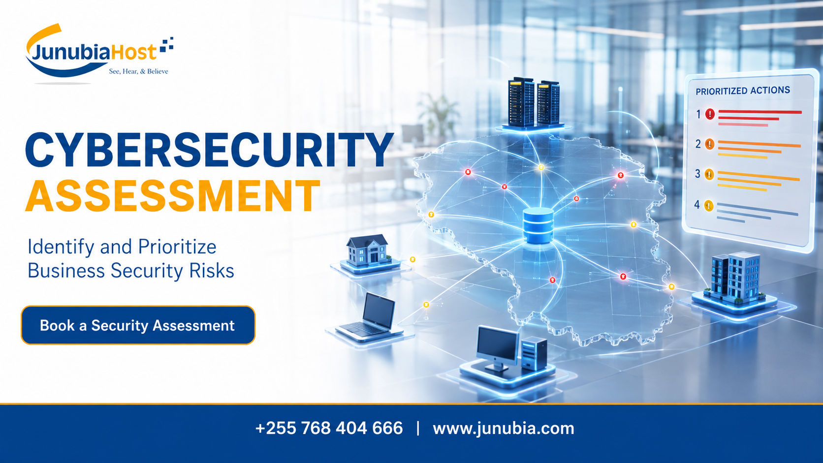 JunubiaHost cybersecurity banner highlighting the assessment service and a 'Book a Security Assessment' button in a modern office setting.