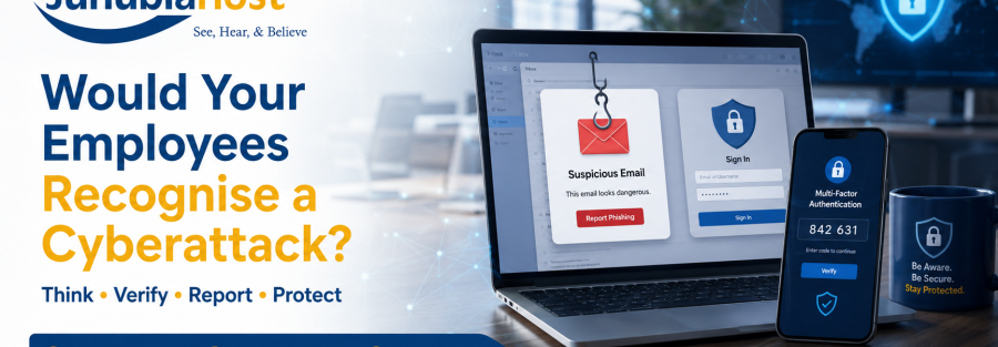 Banner advertising cybersecurity awareness: 'Would Your Employees Recognise a Cyberattack?' with a laptop showing a phishing alert and a mobile device for multi-factor authentication alongside JunubiaHost branding.