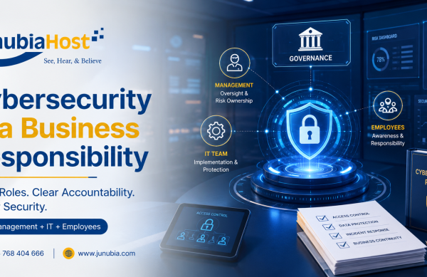 Cybersecurity Is a Business Responsibility 3 JunubiaHost banner declaring 'Cybersecurity Is a Business Responsibility' with a shield emblem and IT/security icons on a blue tech background.