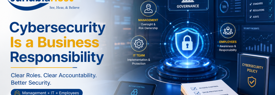 JunubiaHost banner declaring 'Cybersecurity Is a Business Responsibility' with a shield emblem and IT/security icons on a blue tech background.